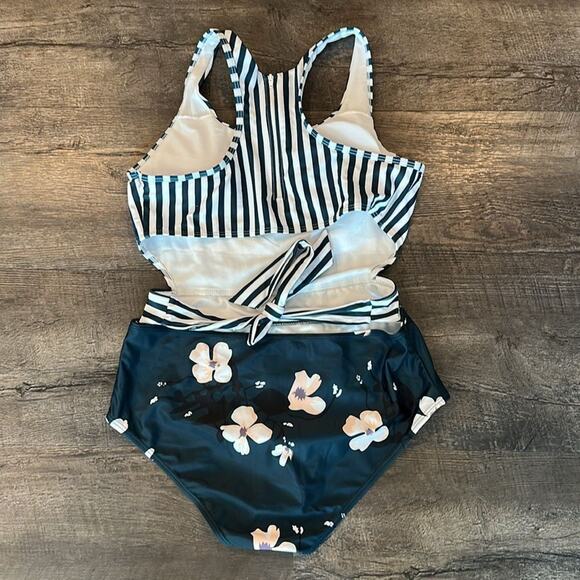 Sunikini Large High-Waist Vertical Striped/Orchid Floral One-Piece Swimsuit - Picture 9 of 14